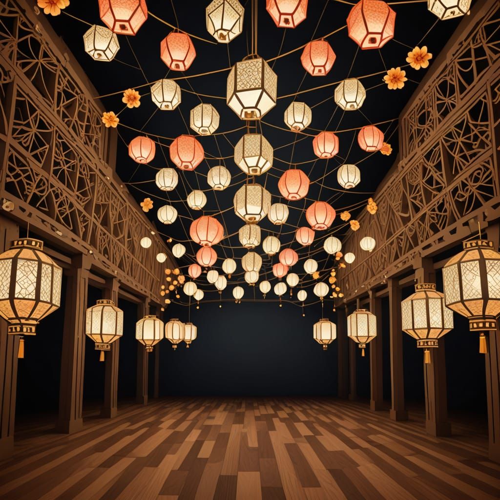 Escher-Inspired Lantern Hall with Geometric Fractals