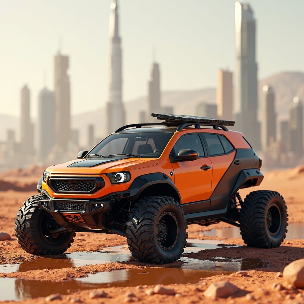 Rugged Mars Off-Road Sci-Fi Car with Futuristic Cityscape