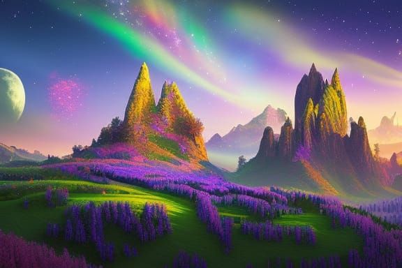 Iridescent Fantasy Landscape with Starry Sky
