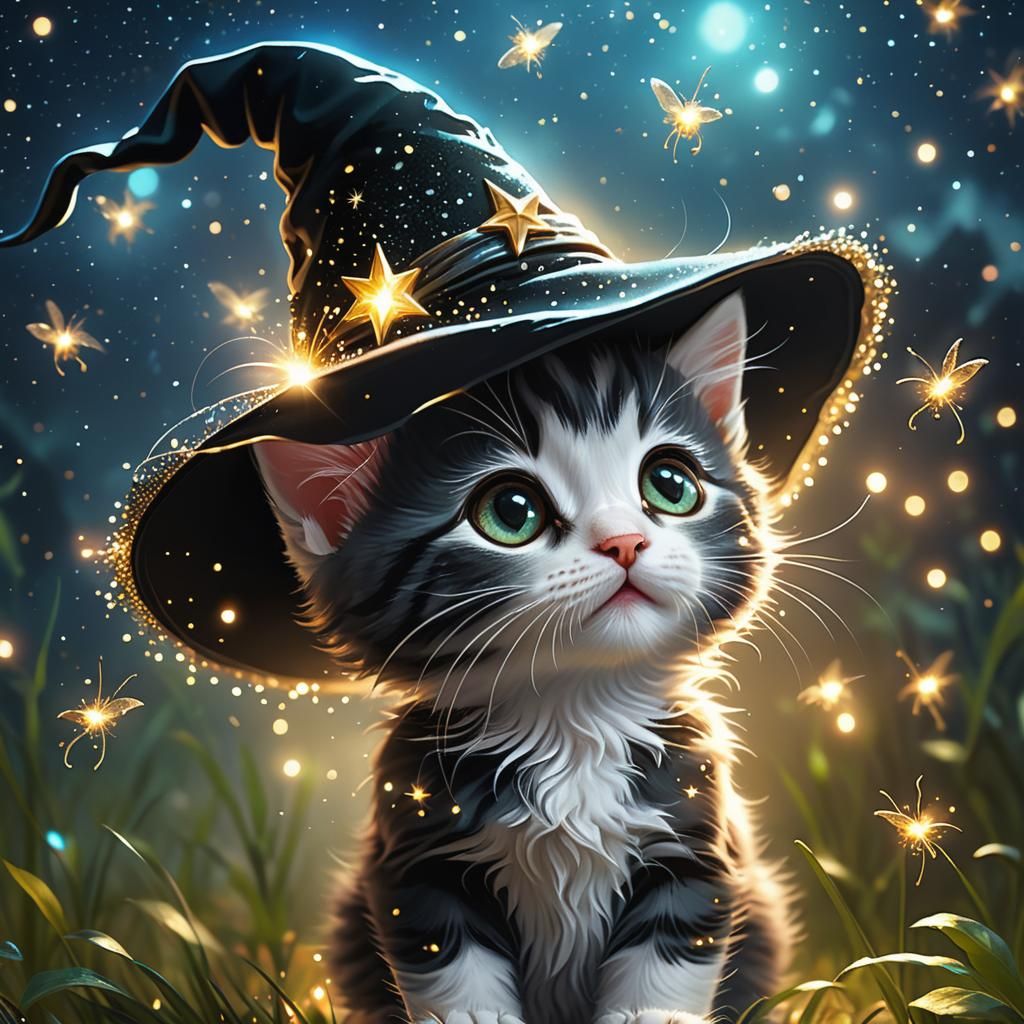 Cute Kitten Witch Gazing at Fireflies
