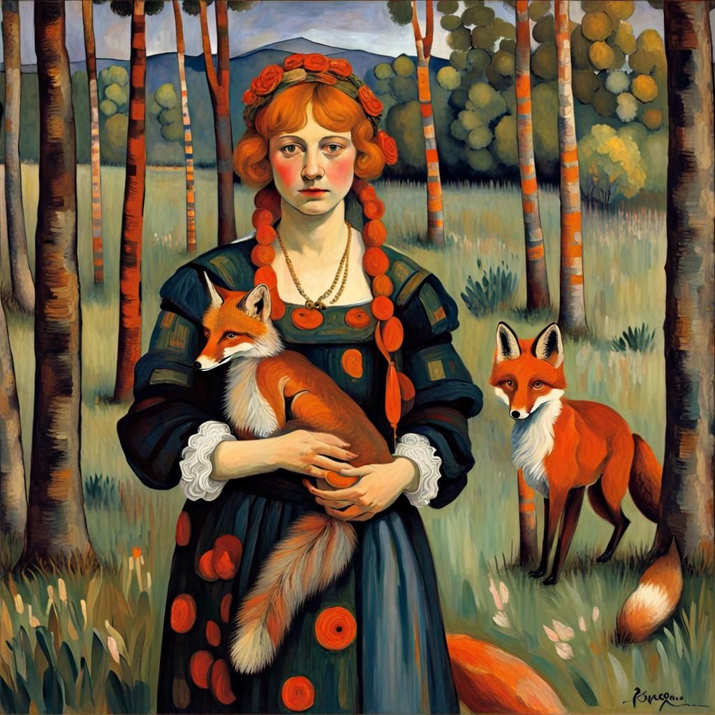 Gitxsan Girl and Fox in Classical Art Styles
