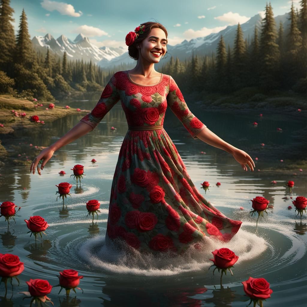 Woman in Lake of Red Roses