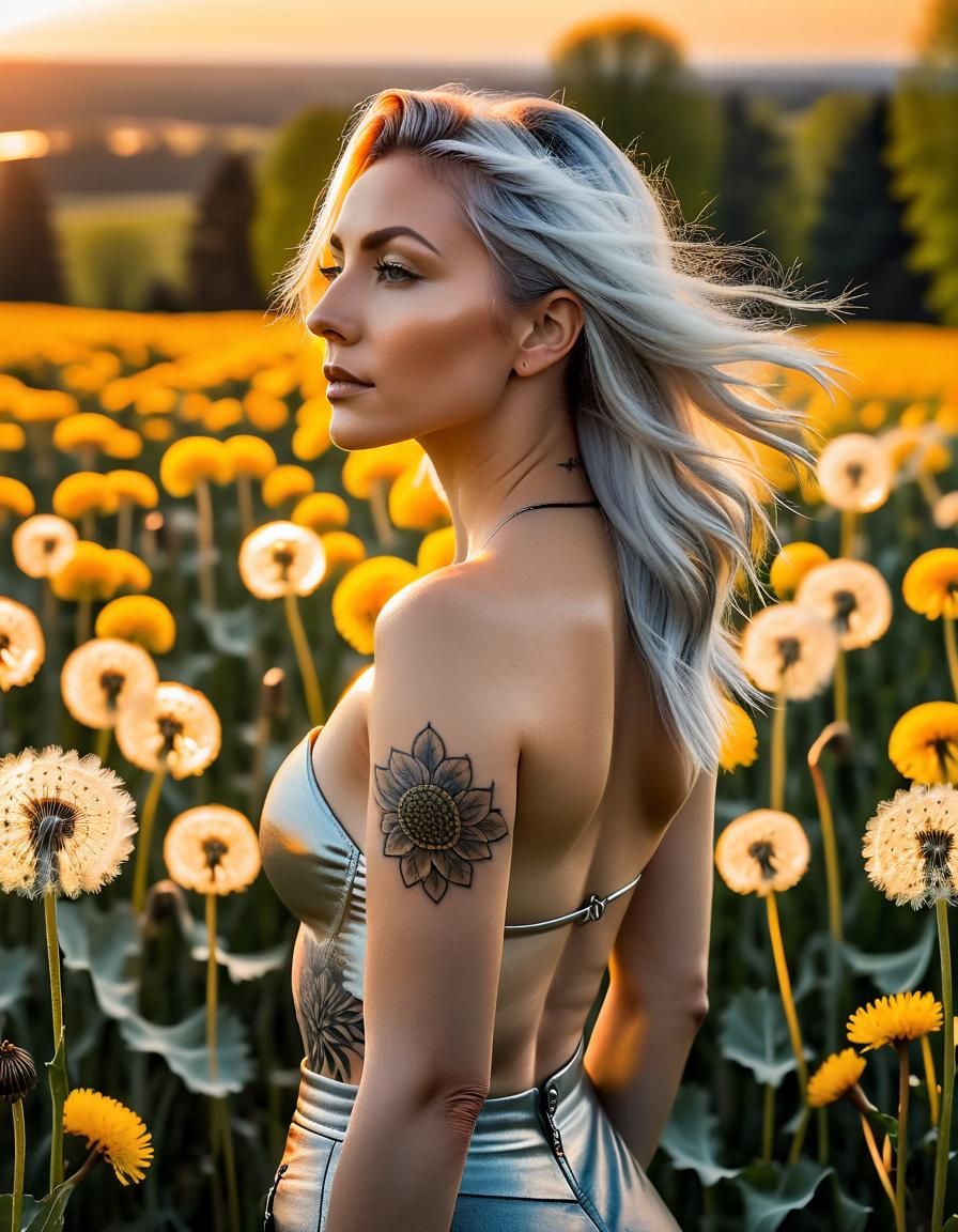 Silver-Haired Woman in Dandelion Field at Sunset
