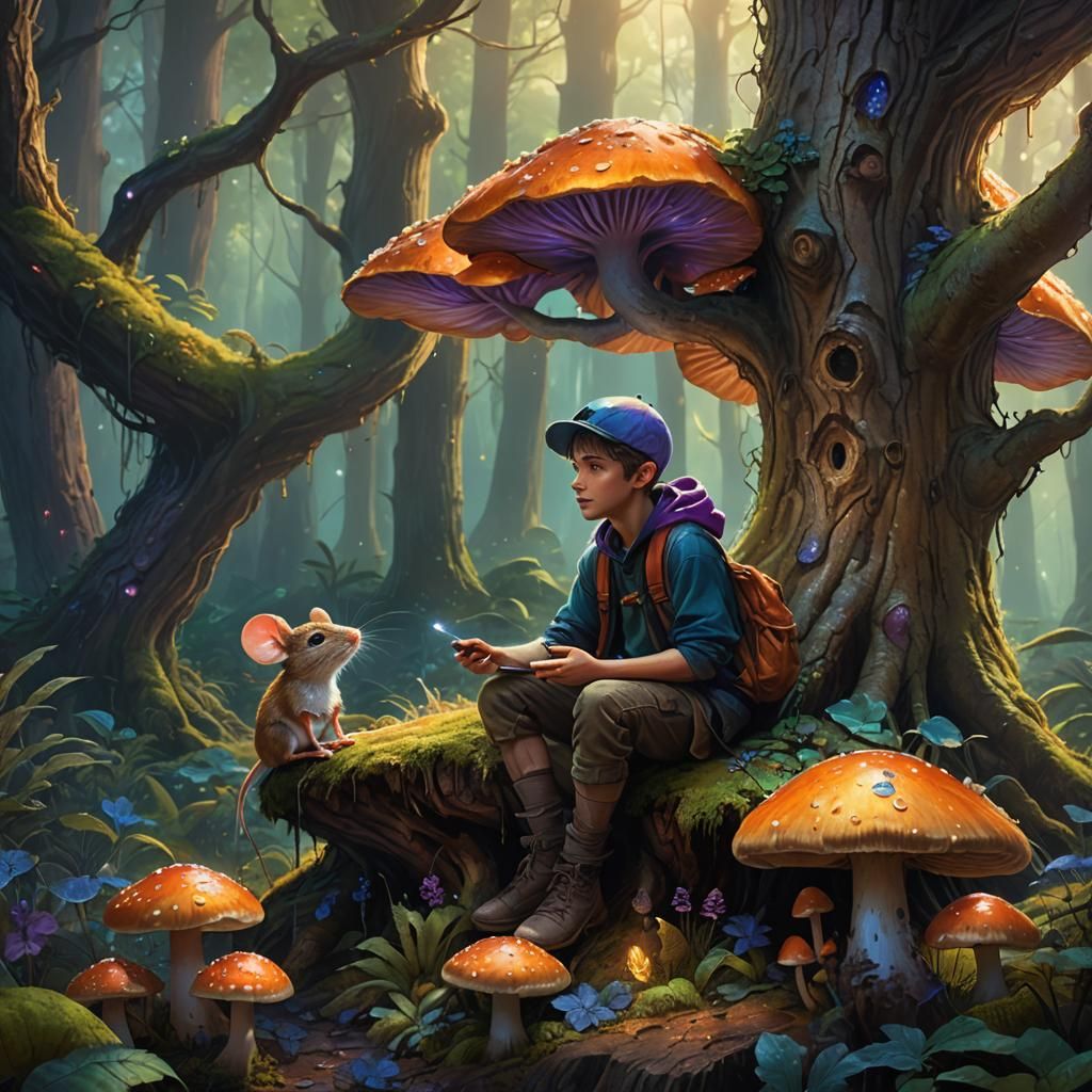 Boy and Mouse in Mystical Forest: Fantasy Art