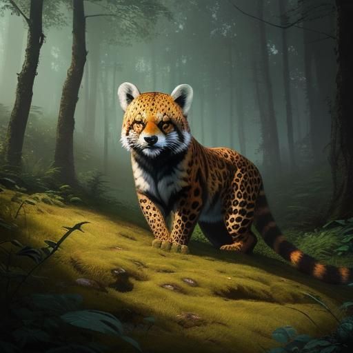 Leopard and Red Panda Hybrid in Forest, Oil Painting