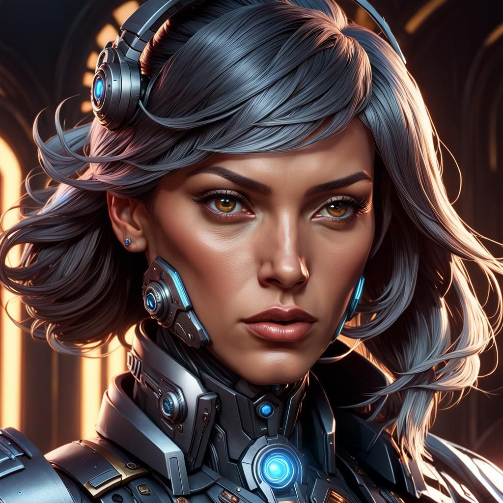 Cyborg Detective Portrait in Maximalist Style