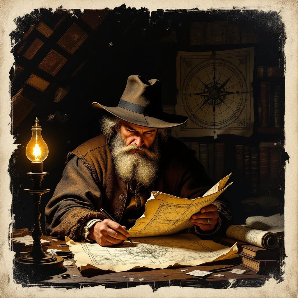 Old Cartographer Studies Ancient Map by Lamplight