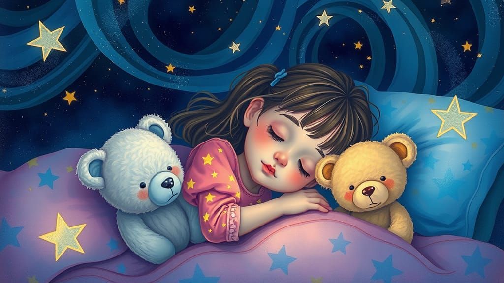 Girl Sleeping with Teddy Bears Under Starry Sky