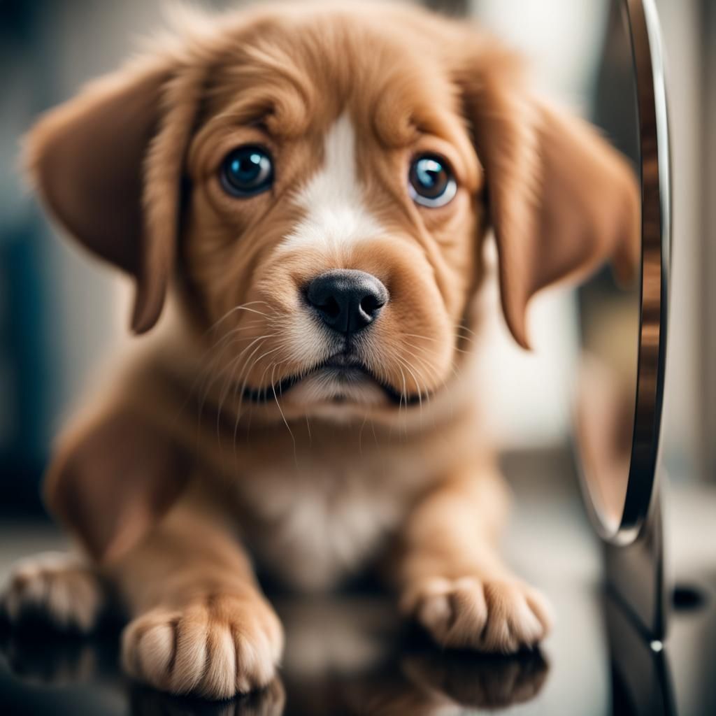 Surprised Puppy Gazing at Reflection in Mirror