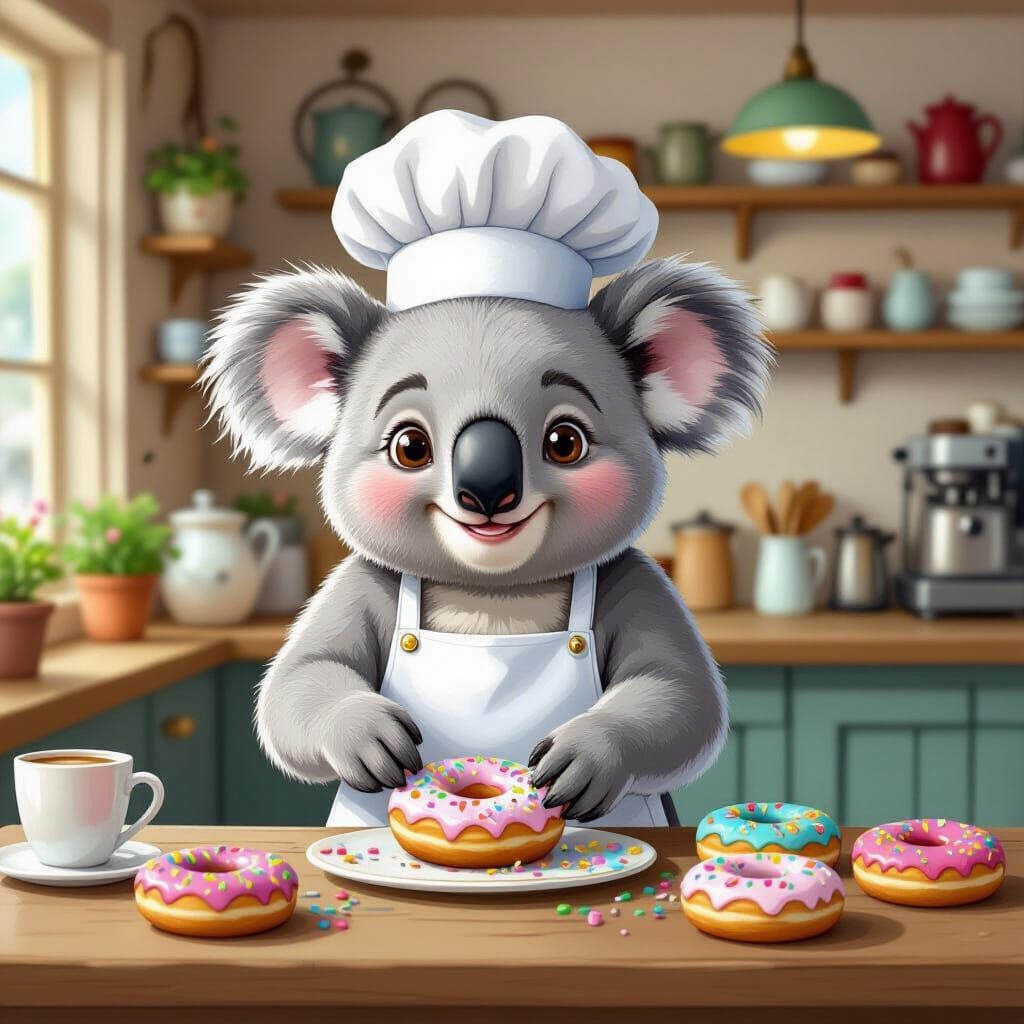 Happy Koala Chef Makes Colorful Donuts in Cozy Cafe
