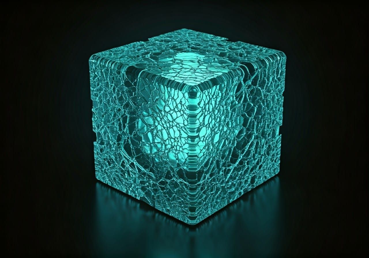 Illuminated Turquoise Glass Cube in Cinematic Realism