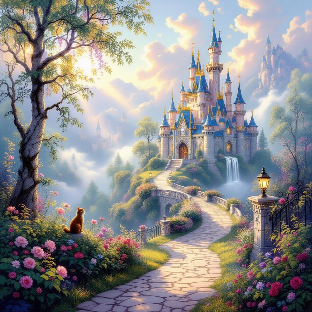 Enchanting Fantasy Landscape with Castle and Glowing Flora