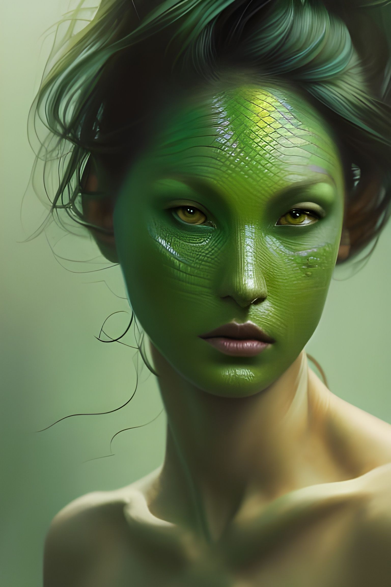 Detailed Portrait of a Green Scaled Lizard Person