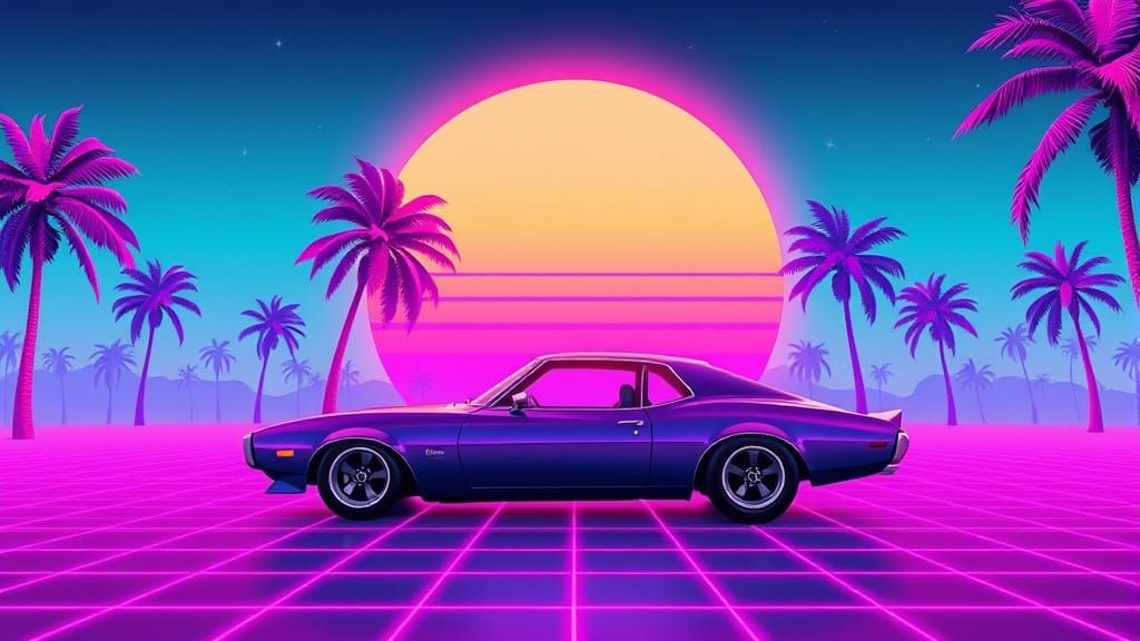 1980s Sports Car on Neon Grid Horizon