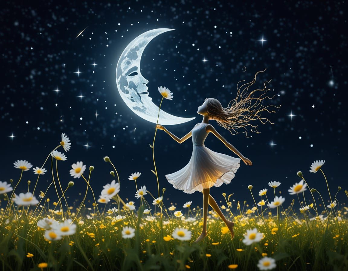 Dancing Woman Flower Stem Under Starry Night Sky