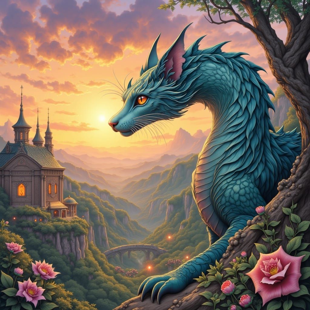 Teal Dragon Soaring Over Fairy Land at Sunset