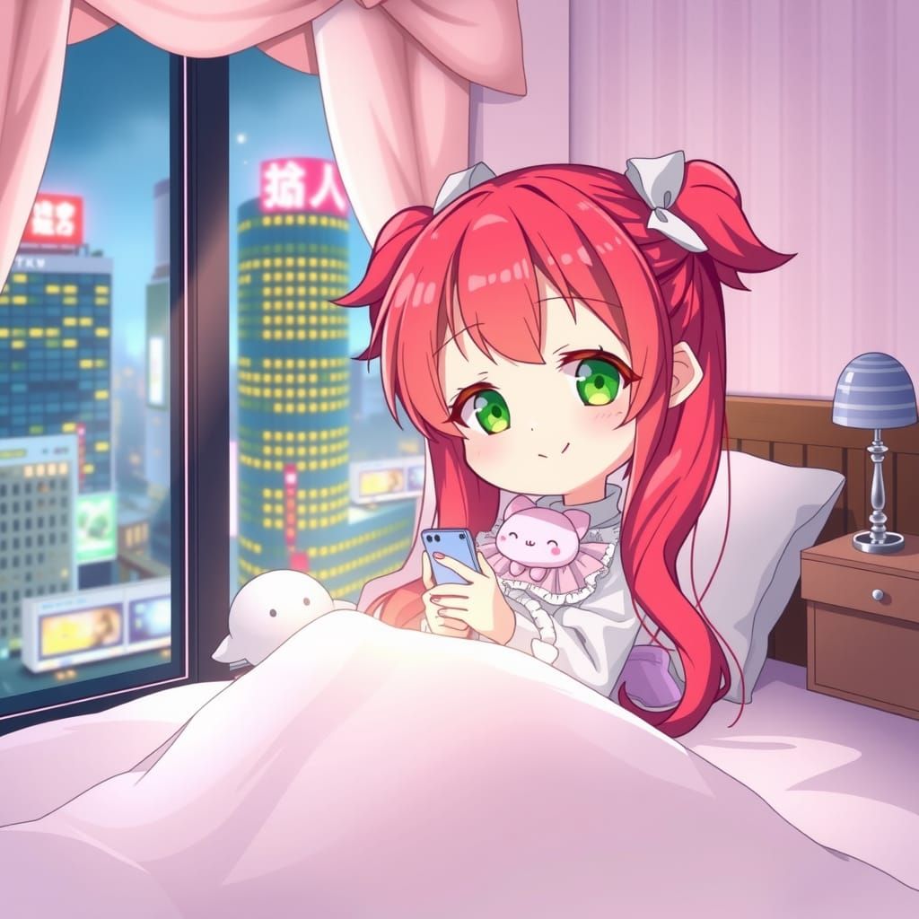 Chibi Girl in Bed with Tokyo Night View