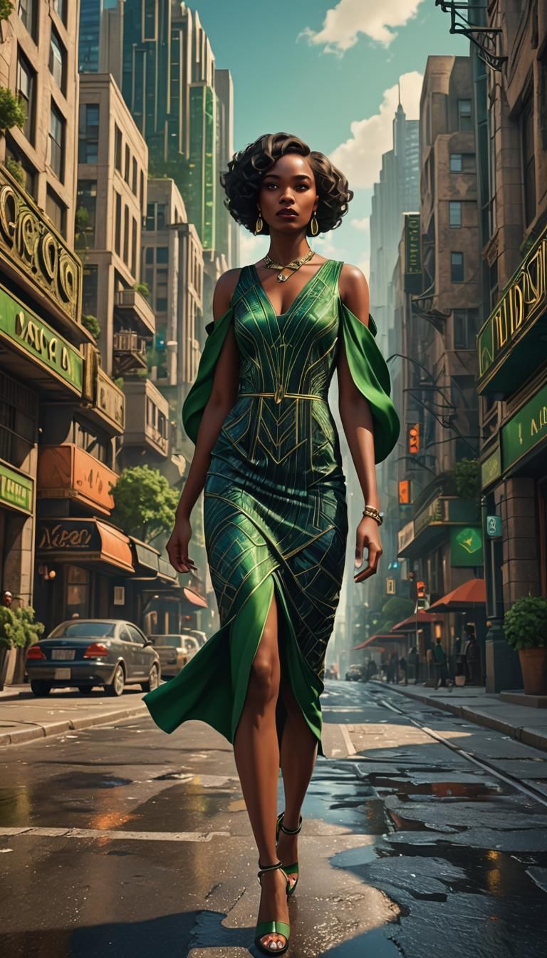 Black Woman in Green Dress, Art Deco Cityscape