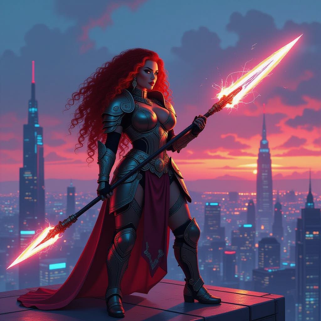 Plus-Size Warrior in Retro-Futuristic Armor Overlooking Cybe...