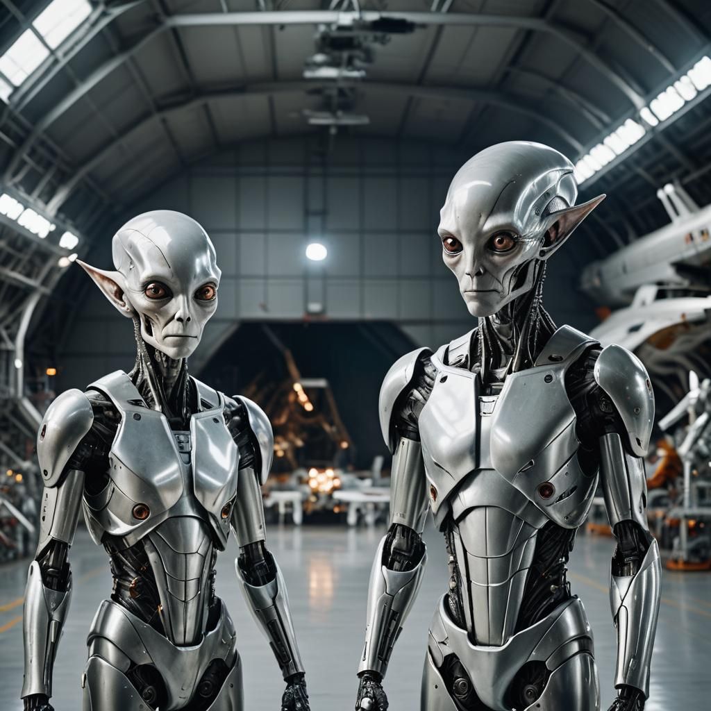 Elegant Alien Portrait in Hangar, 8k Resolution