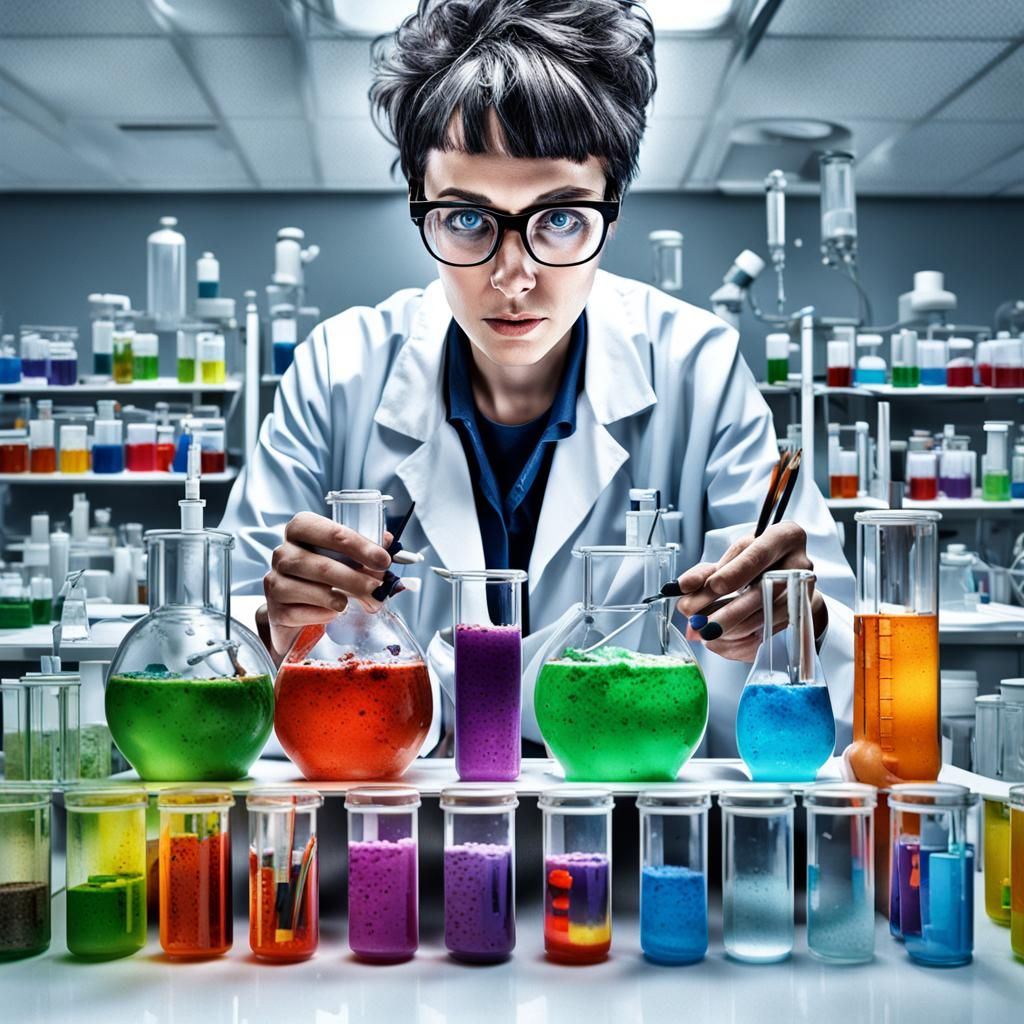 Hyperrealistic Female Scientist in Lab with Bubbling Pot
