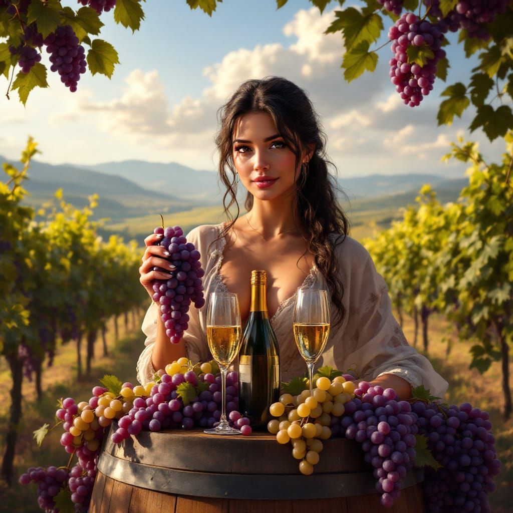 Latina Woman with Grapes in Vineyard, Matte Painting