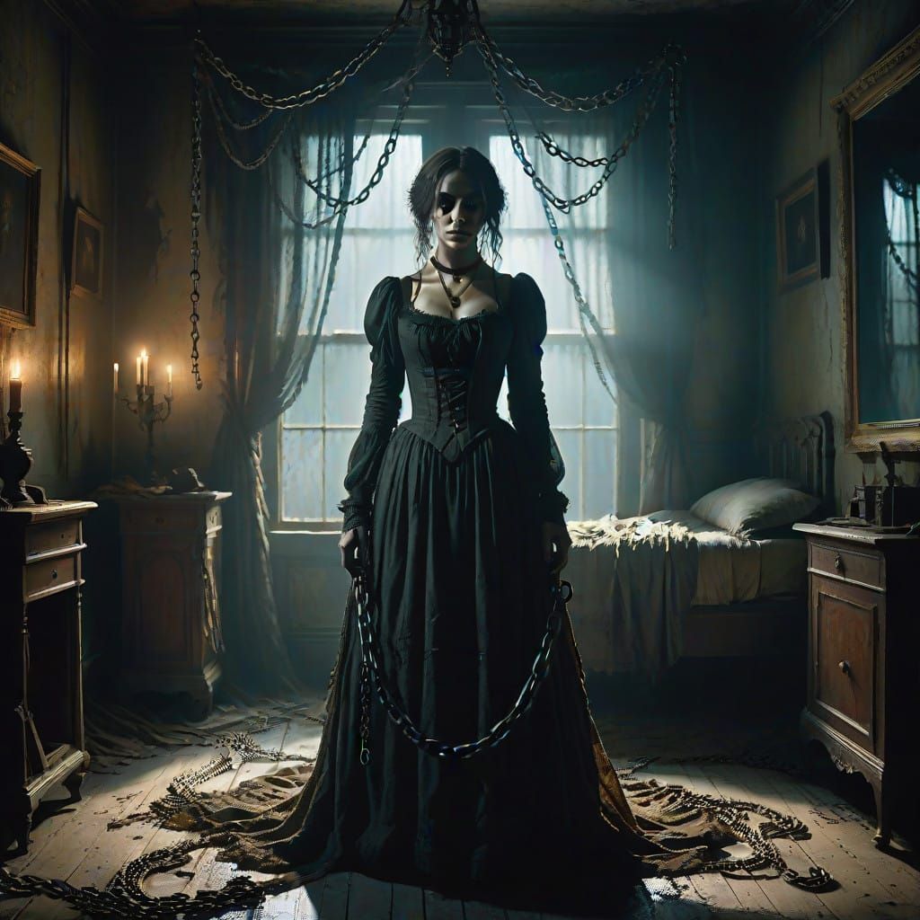 Ethereal Gothic Ghost in Haunting Dark Victorian Bedroom