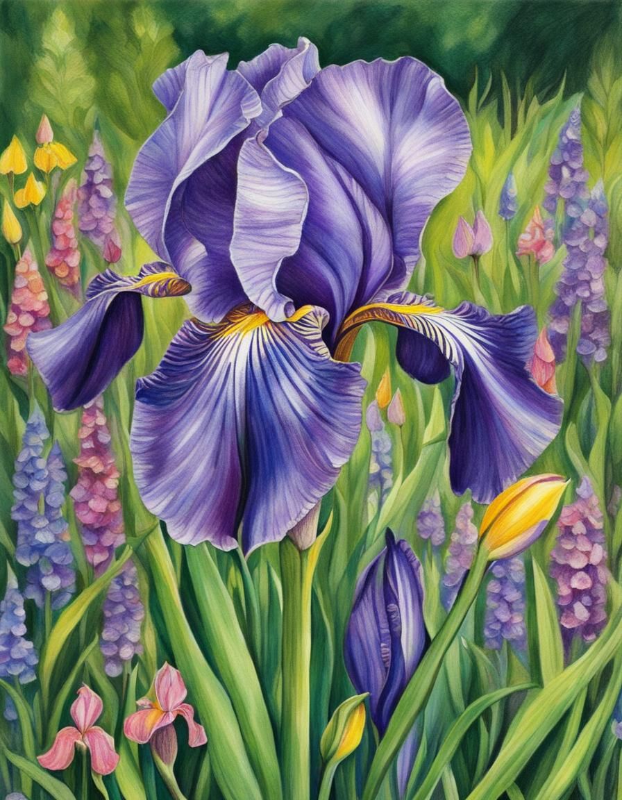 Purple Iris in Enchanted Woodland Garden as Color Pencil Art