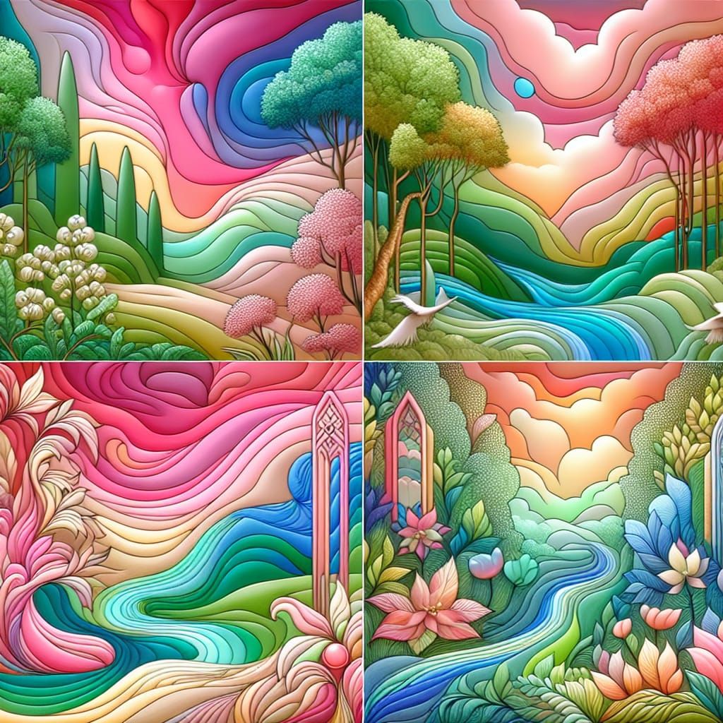 Whimsical Pink and Green Fantasy Realm in a Dreamy Landscape