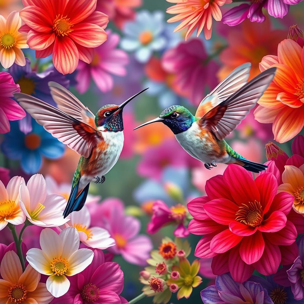 Vibrant Hummingbirds in a Tapestry of Colorful Blooms