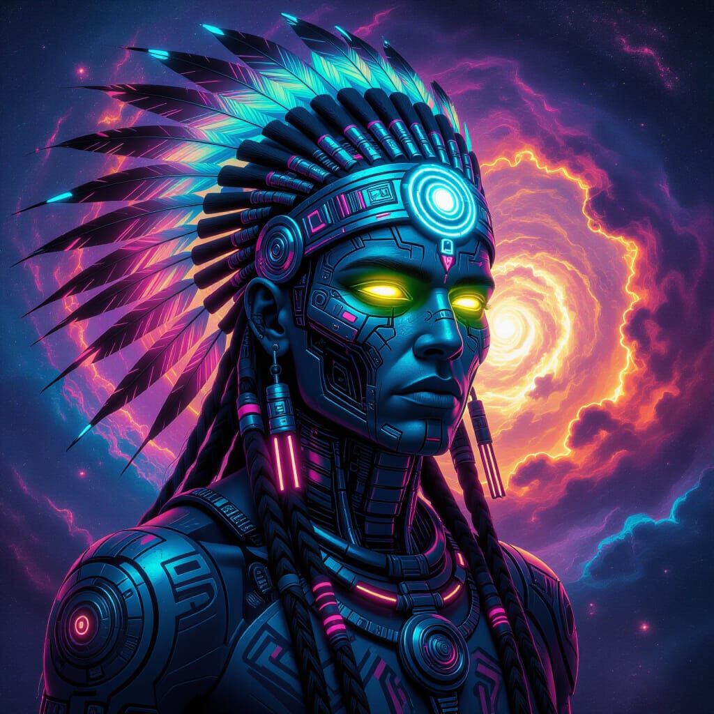 Cyborg Shaman with Neon Eyes in Cosmic Vortex