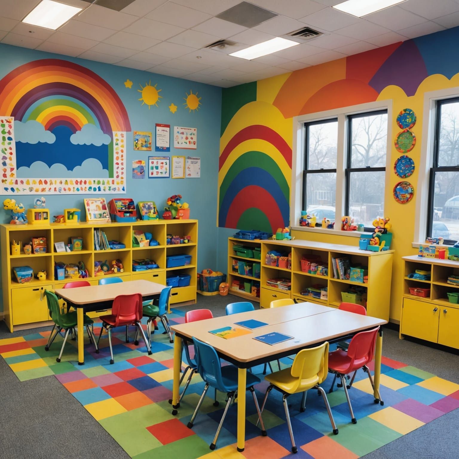 Whimsical 2000s Preschool Classroom in Rainbow Hues