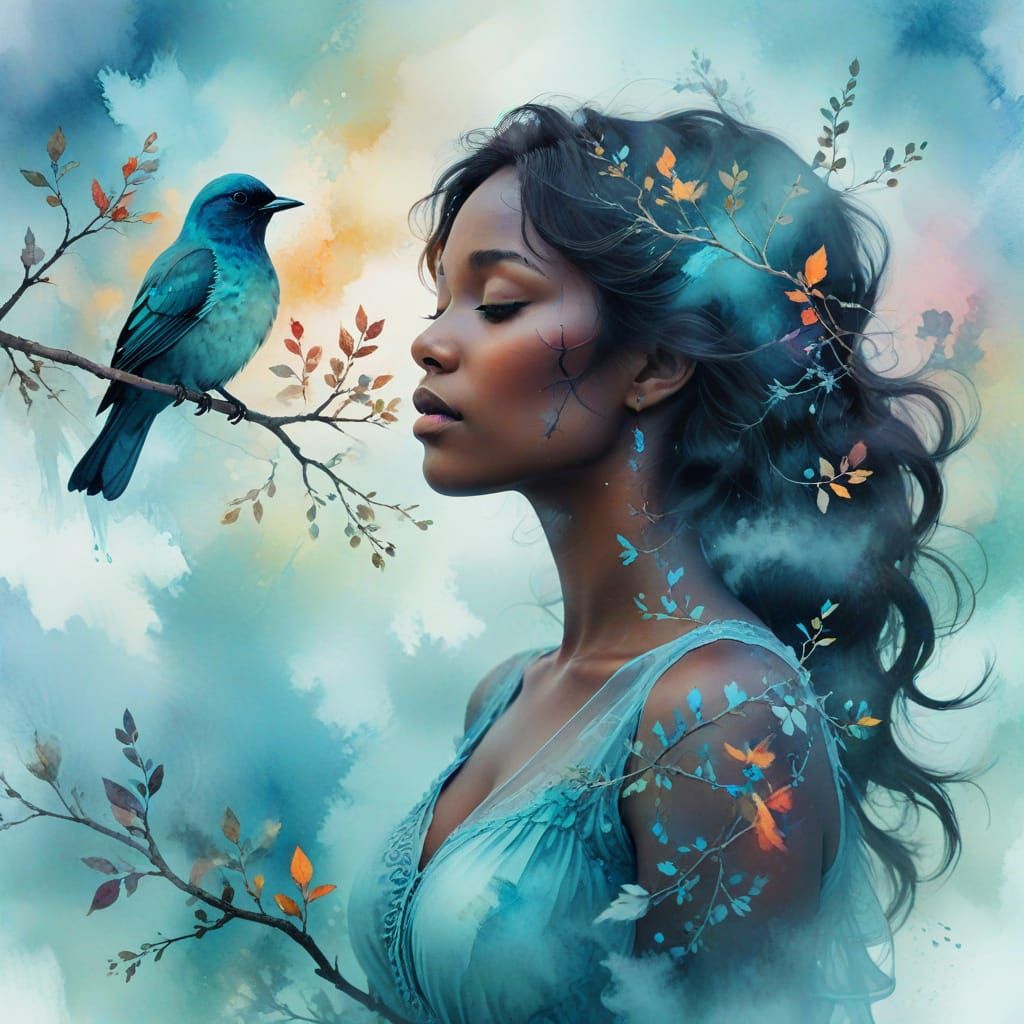 Dreamy Double Exposure Portrait in Watercolor Style