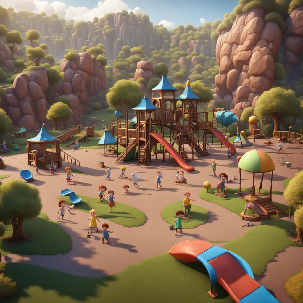 Children's Playground in Pixar-Style 3D Cartoon
