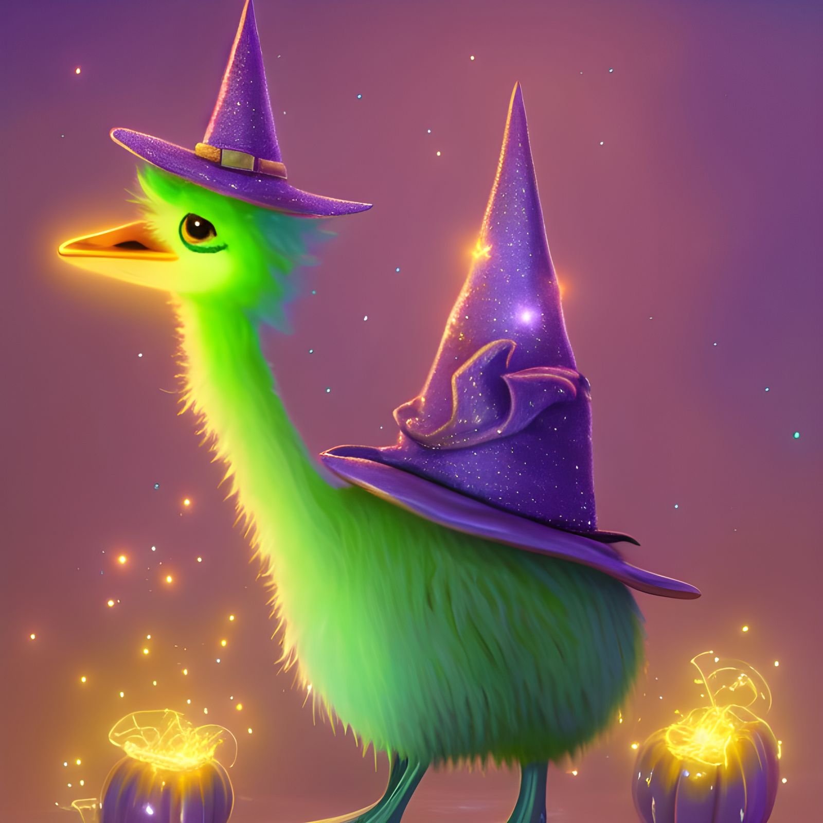 Pixar-Style Emu Witch Casting a Spell