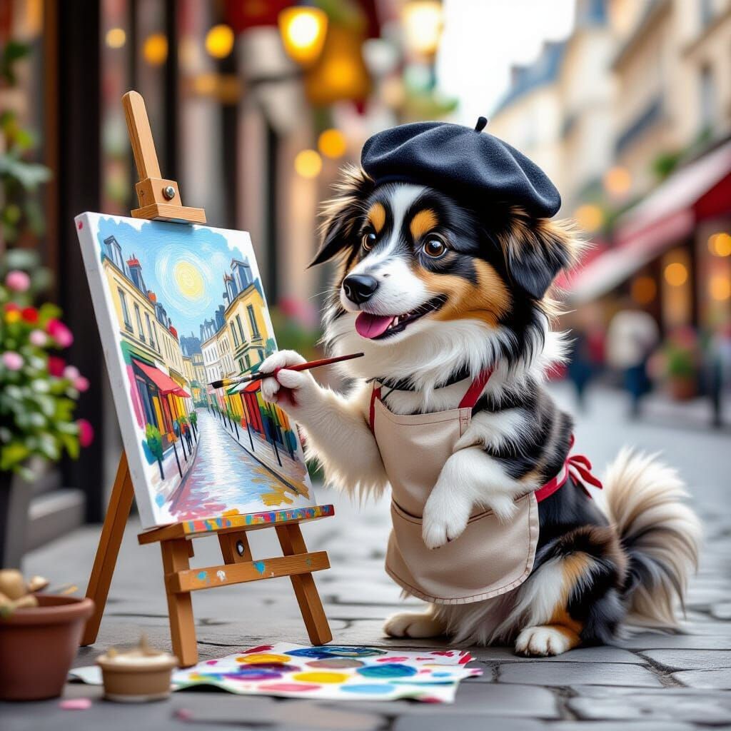 Whimsical Dog Painter Captures Parisian Street Scene
