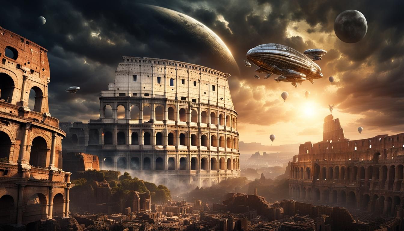 Alien Spaceship Over Ancient Rome: Digital Matte Painting