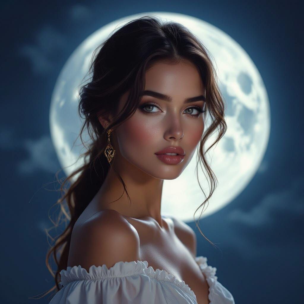 Hyper-Realistic Portrait of a Captivating Woman in Moonlight