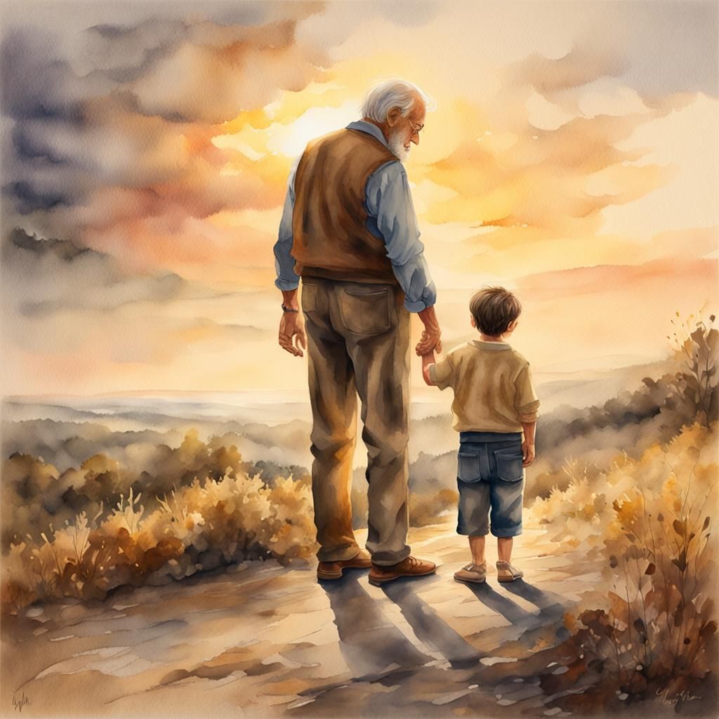 Watercolor: Grandfather and Grandson in Serene Landscape
