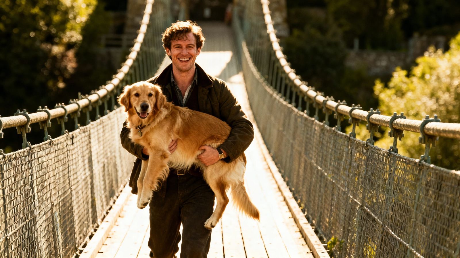 Man and Dog Walk on Sunny Bridge, Cinematic Film Still