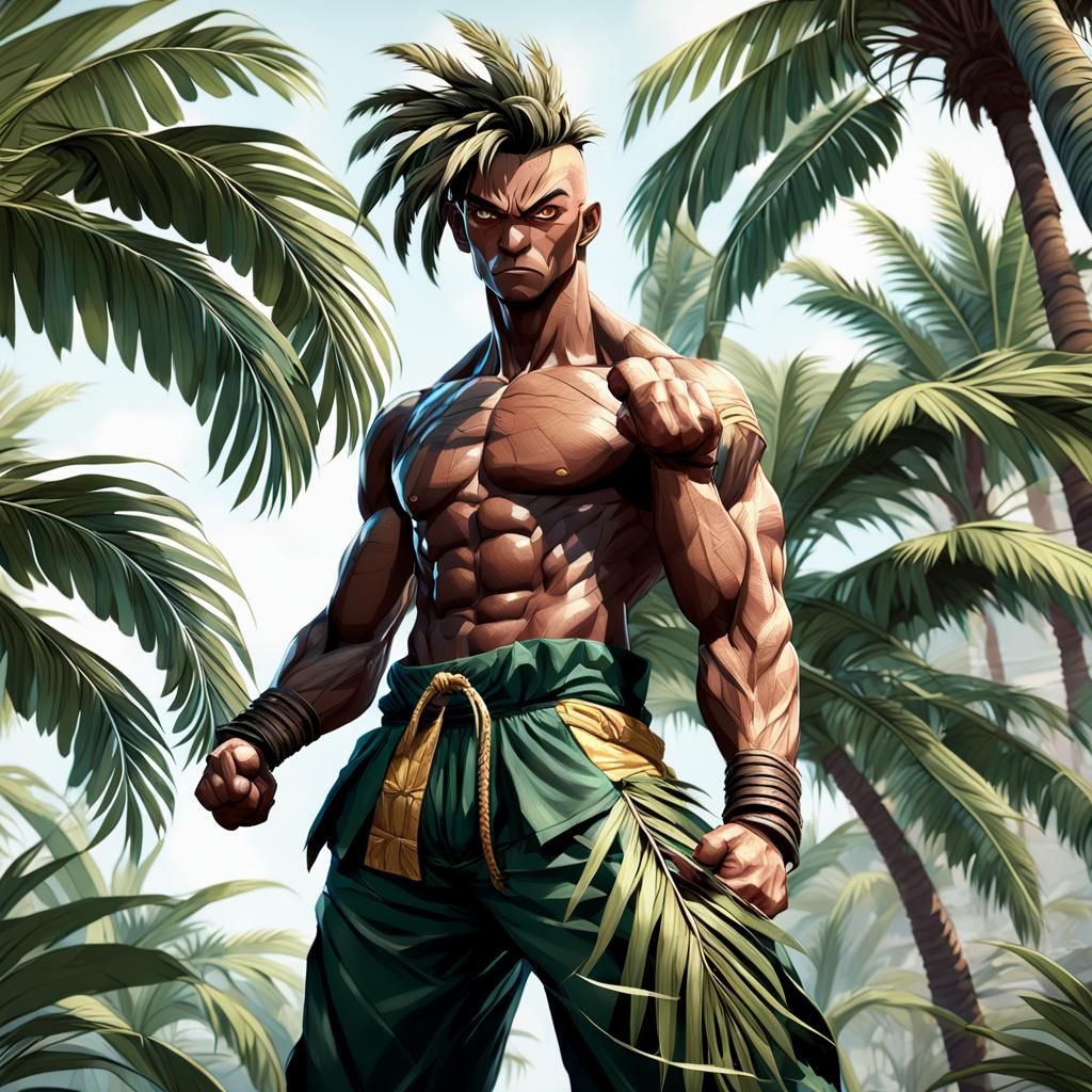 Palm Tree Fighter in Hyper-Realistic 3D Anime Art