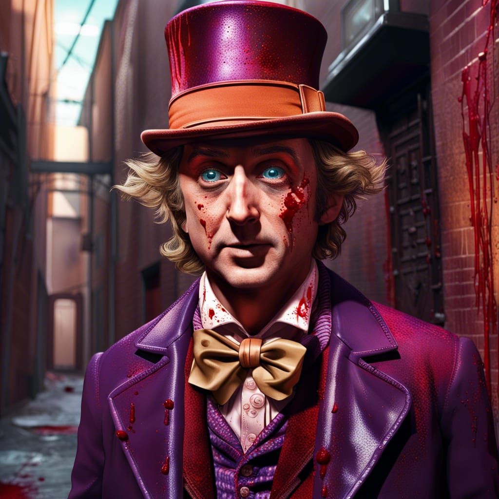 Hyperrealistic Willy Wonka in Bloody Alley