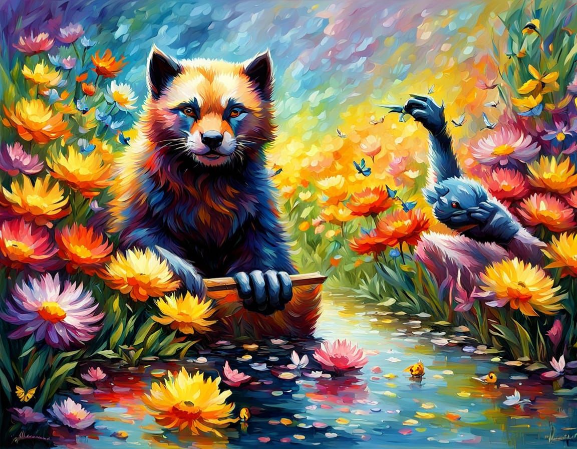 Wolverine and Duck in Impressionist Floral Scene
