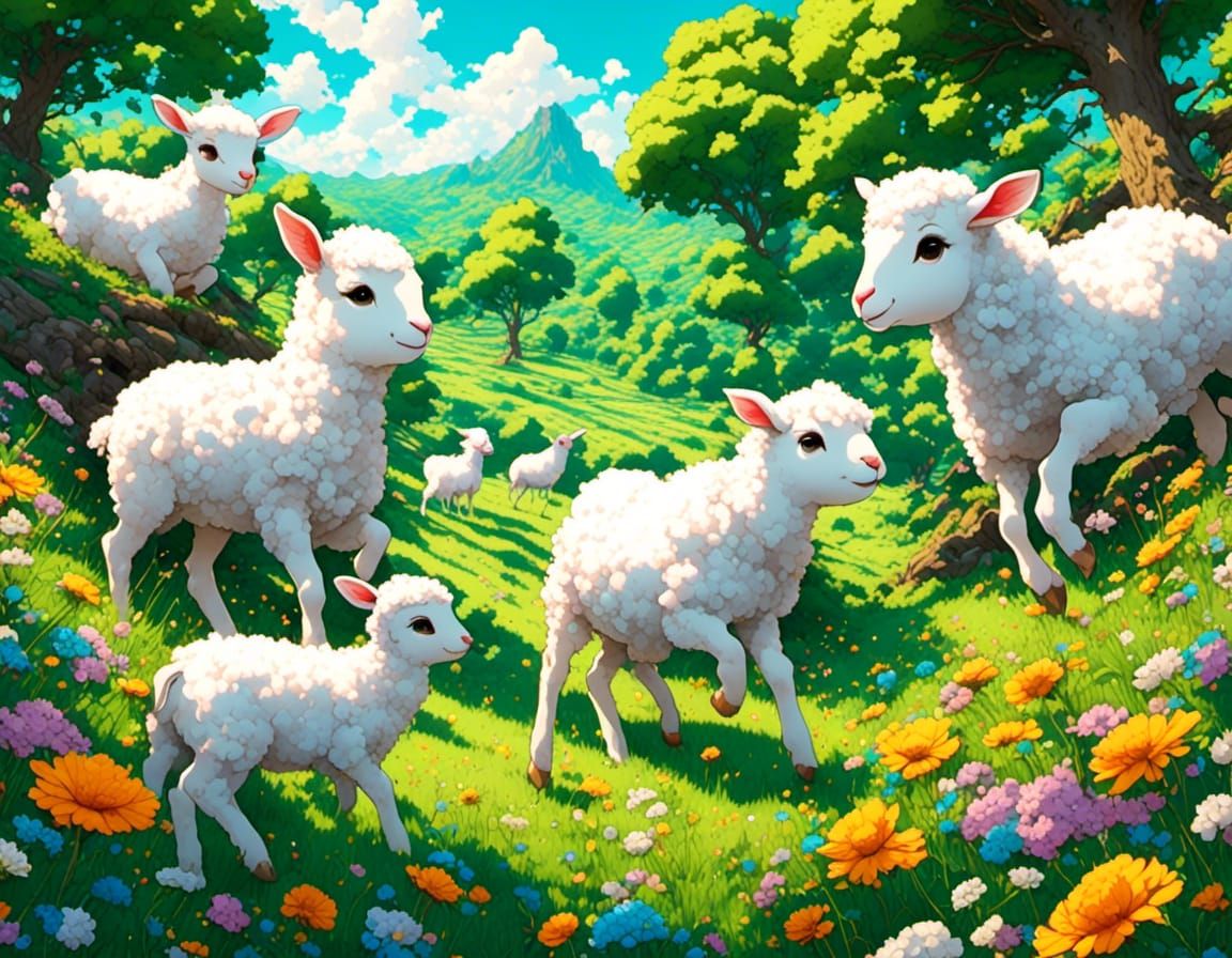Lambs Bouncing in Lush Pasture in Anime Style