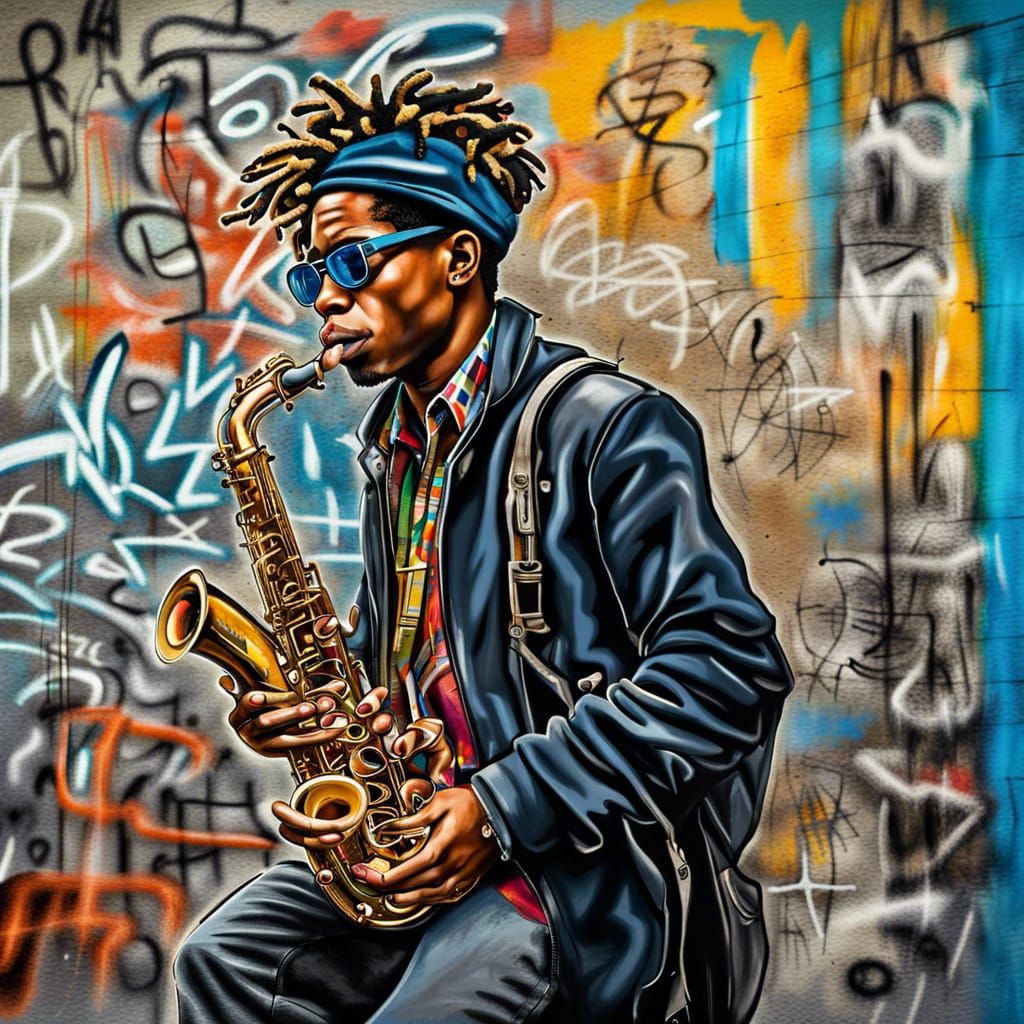 Hipster playing a saxophone