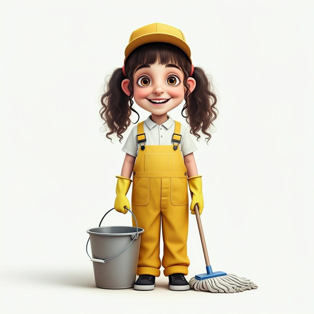 Joyful Haredi Girl in Bright Yellow Cleaning Outfit