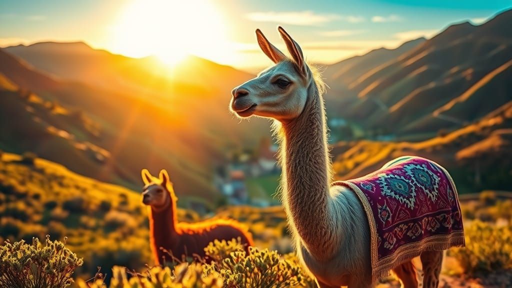 Llama in Andean Valley at Golden Hour
