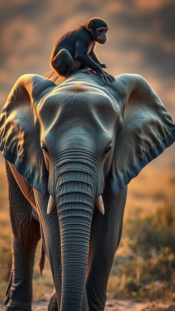Elephant Mother and Chimpanzee in Savanna Sunset
