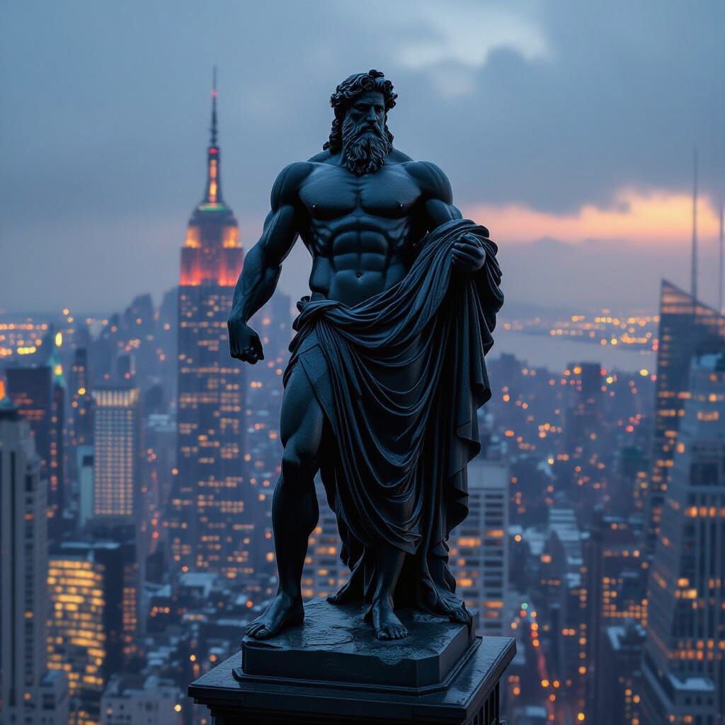 Zeus Statue Overlooks New York City at Twilight