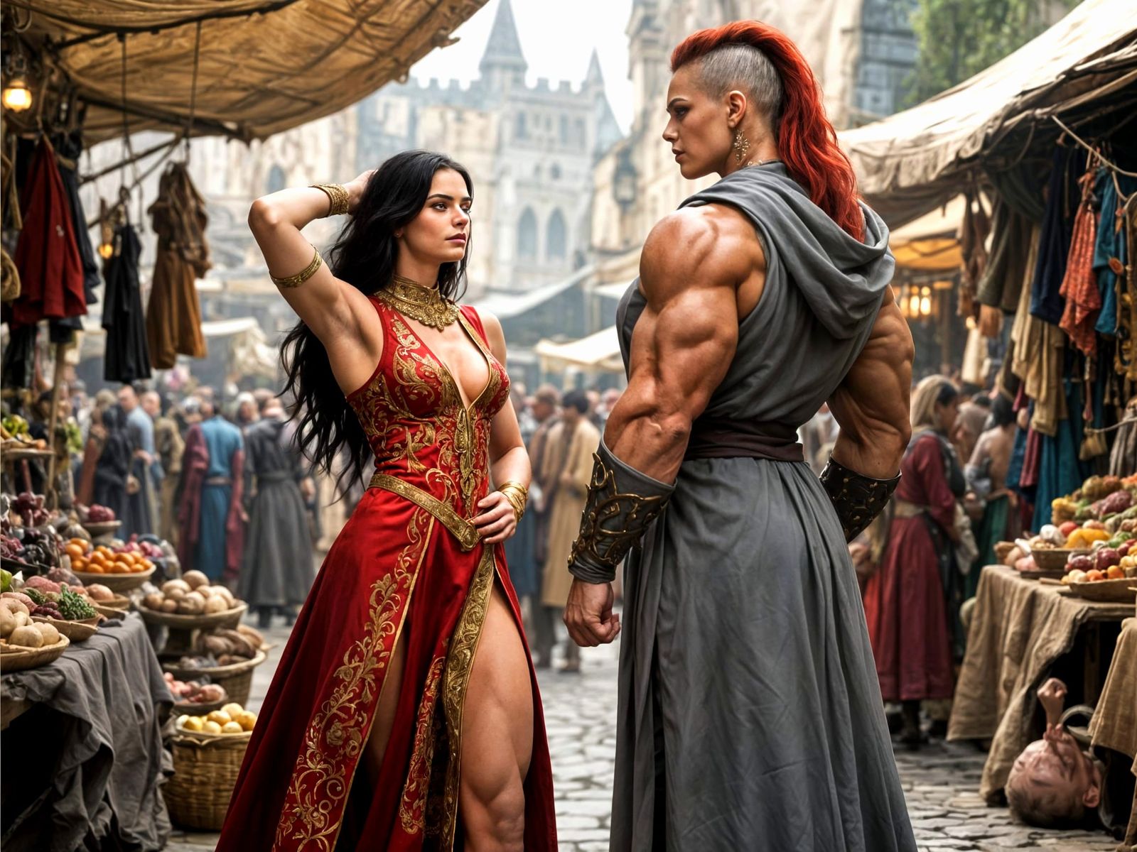 Muscular Amazonian and Elegant Woman in Medieval Market